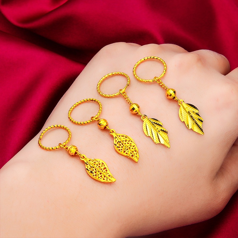 Goldkingdom Perhiasan Fashion Emas Asli Kadar 375 Bangkok Aksesoris Ready Stock Twist Daun Sepuhan Telinga Cincin Indah Dan Kaya Hadiah Untuk Wanita