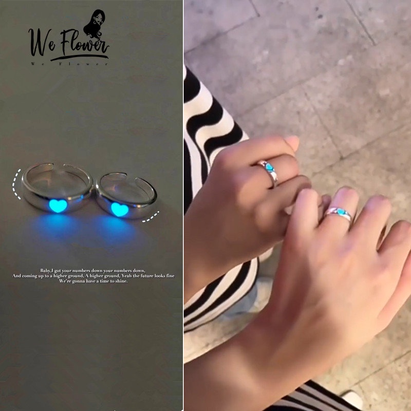 We Flower Korea Merah Muda Biru Hati Bercahaya Cincin Untuk Pasangan Kekasih Teman Trendi Glow In The Dark Open Ring Finger Cuff Perhiasan Hadiah