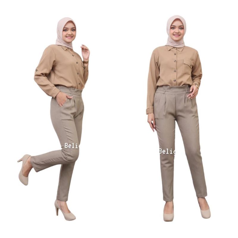 Celana Kerja Panjang Wanita Kantor Pinggang Karet Bahan Formal Hitam Polos Model Baggy Pants High Premium Viral