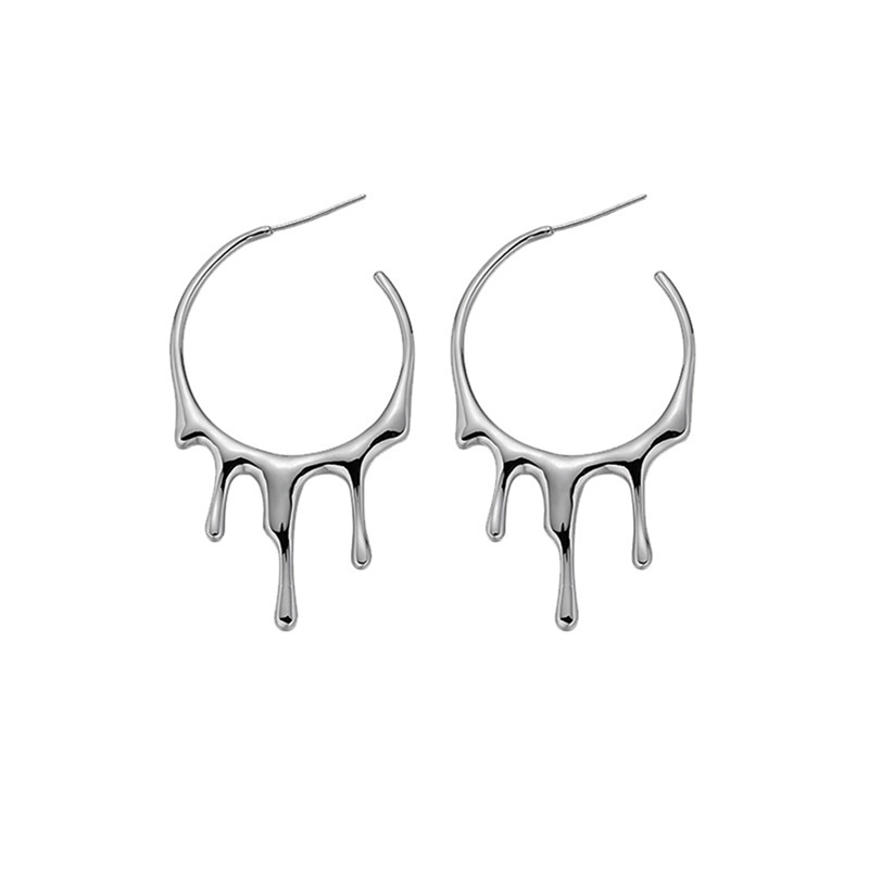 Anting Hoop Besar Punk Gothic Warna Silver Lava Drop Bentuk Tidak Teratur Untuk Wanita Pria Fashion Korea Perhiasan Logam Cair