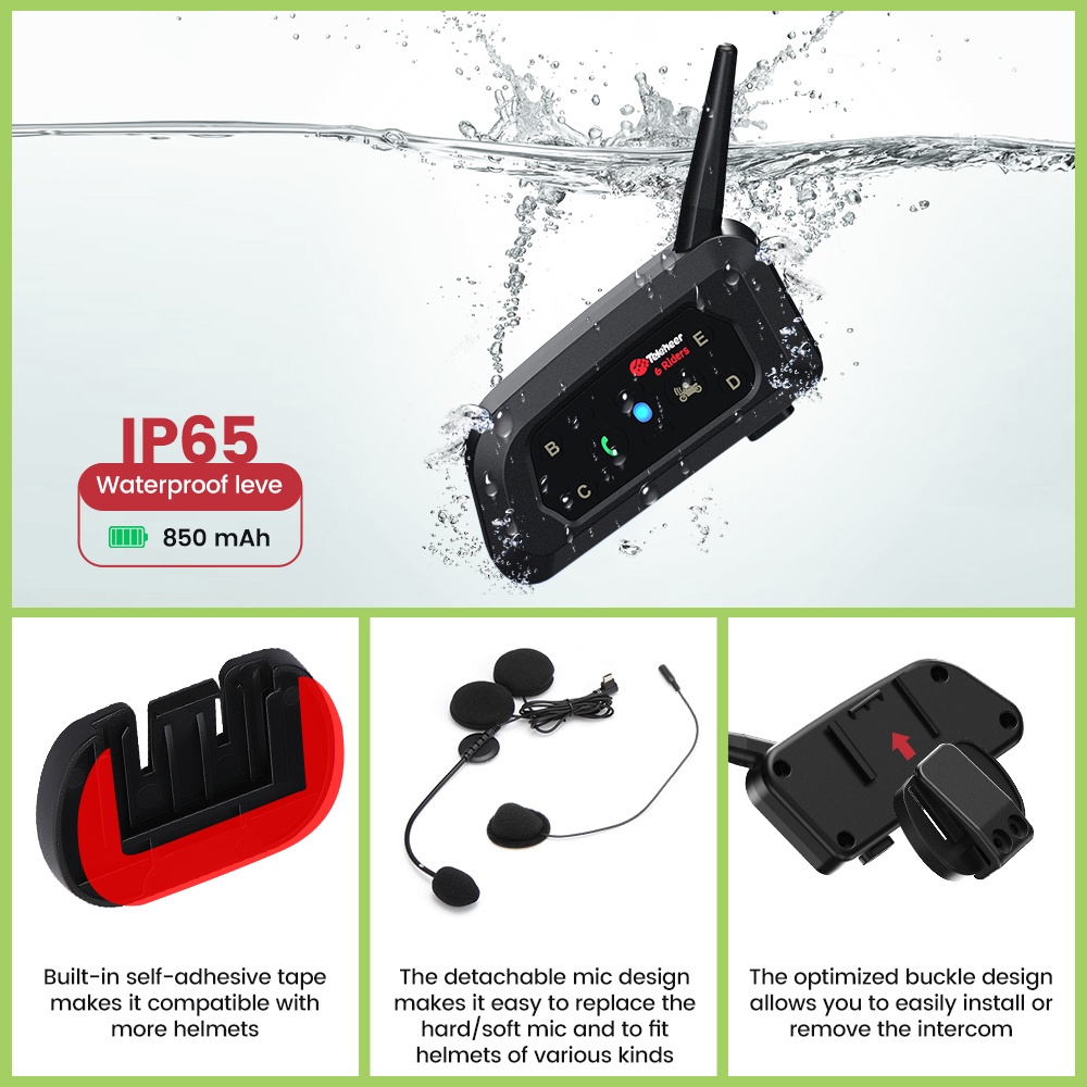 Teleheer V6 Bluetooth 5.1 Nirkabel Sepeda Motor Helm Intercom Headset Sistem Peredam Kebisingan Headphone 1200 M Rentang 6 Pengendara Full Duplex Interphone