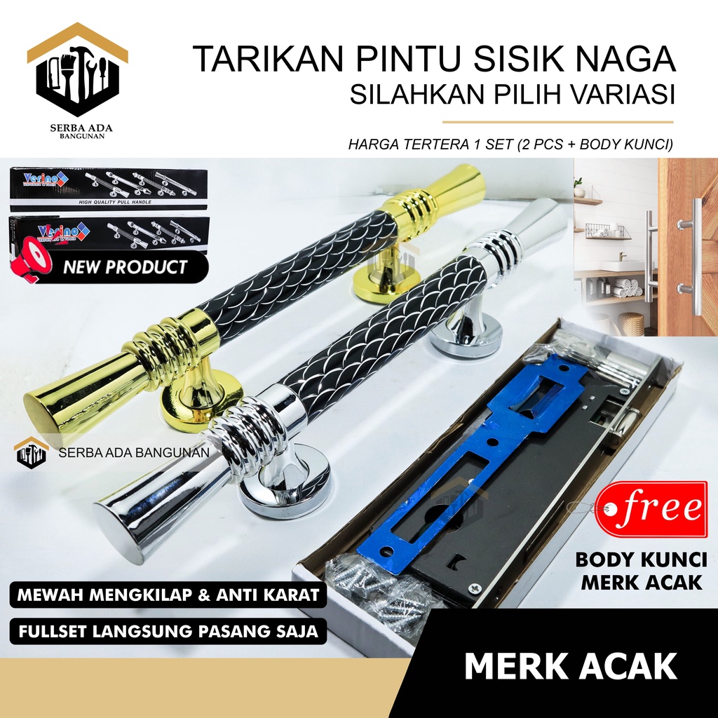 PAKET TARIKAN PINTU SISIK NAGA 1set body kunci komplit + Tarikan 2pcs / 1 pasang mewah elegan murah