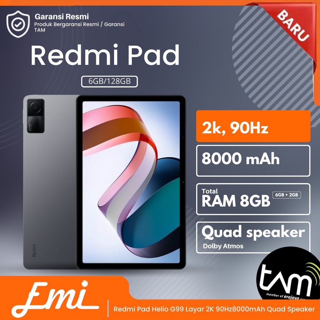 Redmi Pad Helio G99 Layar 2K 90Hz 8000mAh Quad Speaker