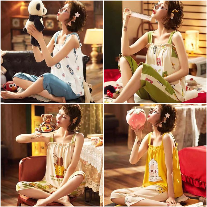 Baju tidur piyama tanktop set celana 3/4 kaos import