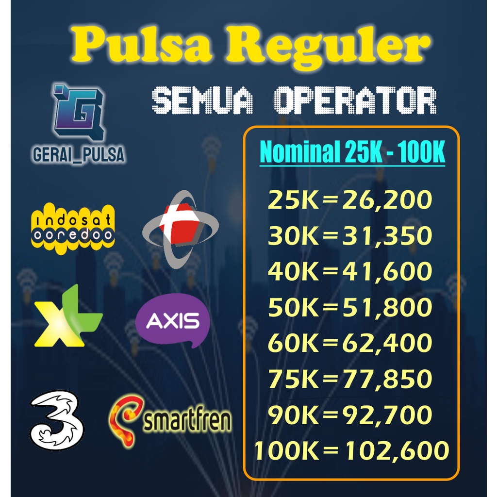 Pulsa Reguler All Operator Telkomsel Indosat Three Smart Xl Axis Byu 40 50 60 70 80 90 100 rb