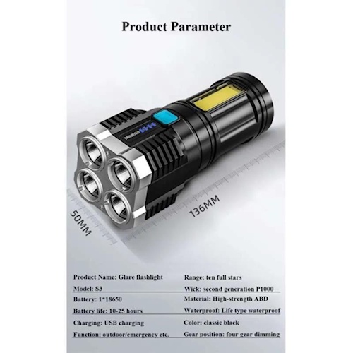 Lampu Senter LED 4 Mata + P900 COB Super Terang / Emergency Flashlight Searchlight USB Rechargeable LS