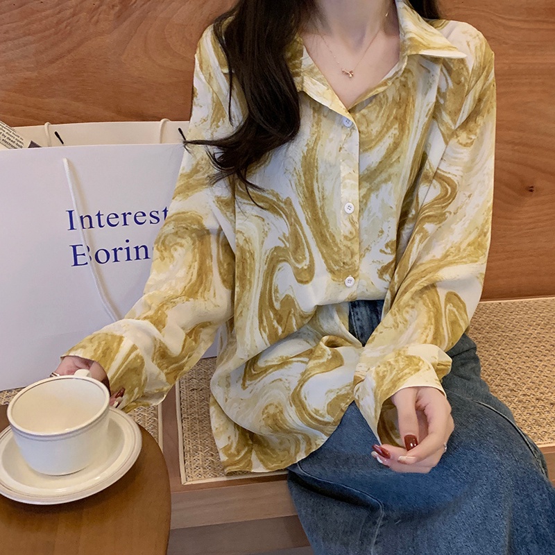 MOOGU ♡ Kemeja korea blouse wanita cetak bunga vintage shirt （Dua kantong）