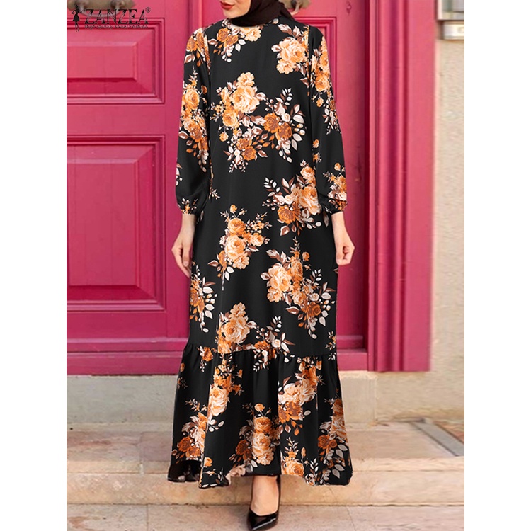 ZANZEA Women Vintage Print Casual Loose O Neck Elastic Cuff Muslim Long Dress