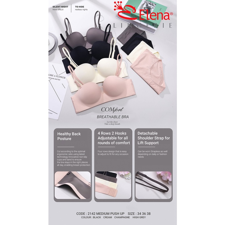 Elena Bra Push Up Seamless Tanpa Kawat Busa Tebal Cup B Kait 4 Half Cup Polos Bh 34B - 38B 292142
