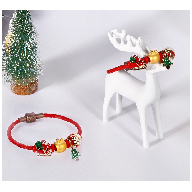 Goldkingdom Perhiasan Fashion Emas Asli Kadar 375Bangkok Aksesoris Ready Stock Berlapis Emas Gelang Apel Natal Hawa 3D Pohon Natal Sleigh Transfer Hadiah Manik-Manik