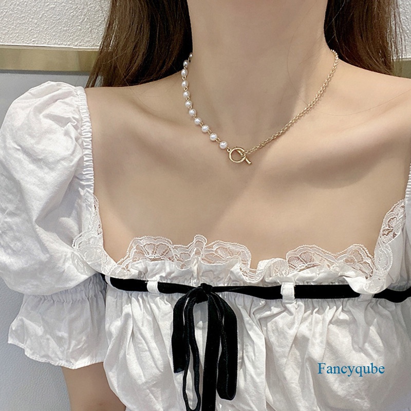 Ins Fashion Kalung Rantai Mutiara Wanita Warna Emas OT Gesper Alloy Bead Chain Necklace Untuk Wanita Pesta Perhiasan Hadiah