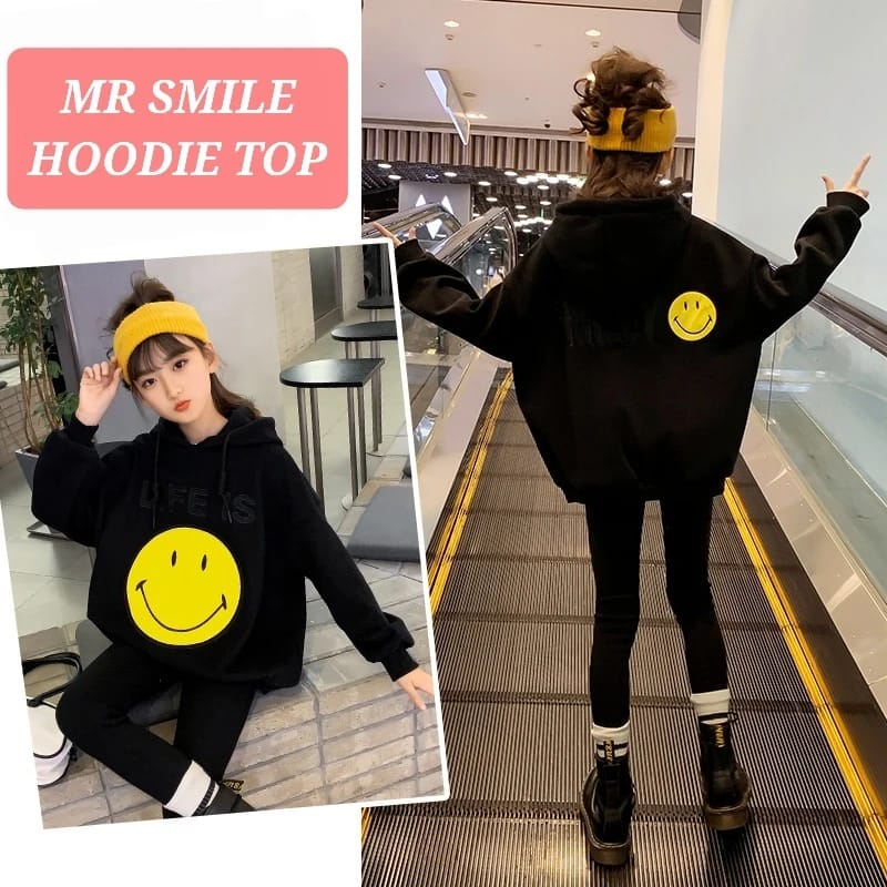 MR SMILE HOODIE TOP BLACK JAKET SWEATER OUTER CASUAL ANAK REMAJA CEWEK COWOK KOREA IMPORT FASHION