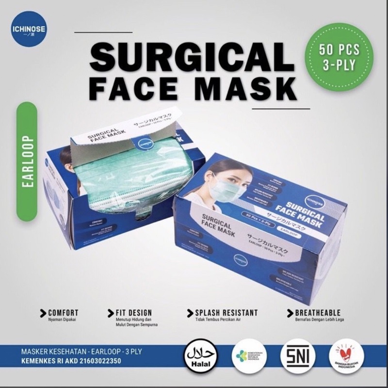 ICHINOSE SURGICAL MASK EARLOOP ISI 50PCS PER BOX MASKER MEDIS KEMENKES MURAH BANJARMASIN KALIMANTAN | RUMIFY