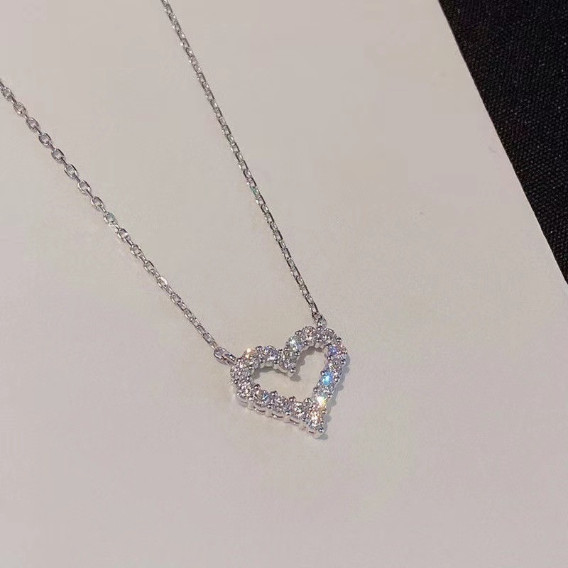 Papaozhu Elegan Perak Glittery Zirkon Berongga Jantung Liontin Kalung Untuk Wanita Gadis Indah Peach Pesona Tulang Selangka Rantai Kalung Perhiasan Hadiah