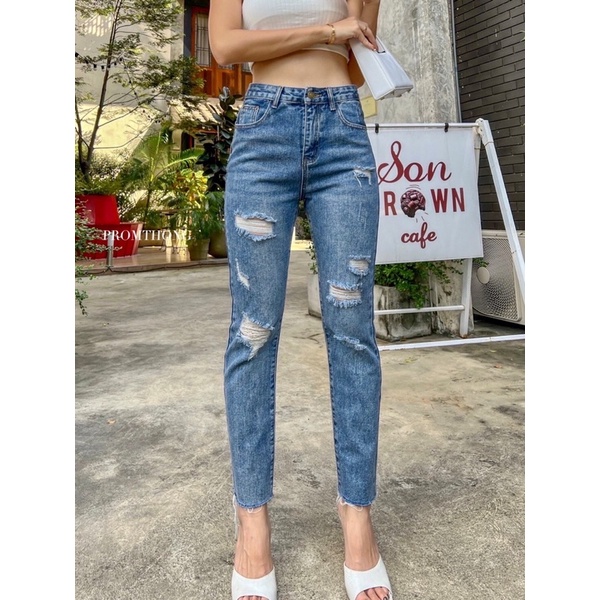 CELANA JEANS PROMTHONG 3523 HIGHWAIST DENIM RIPPED PANTS IMPORT  BANGKOK (CLPMT3523)