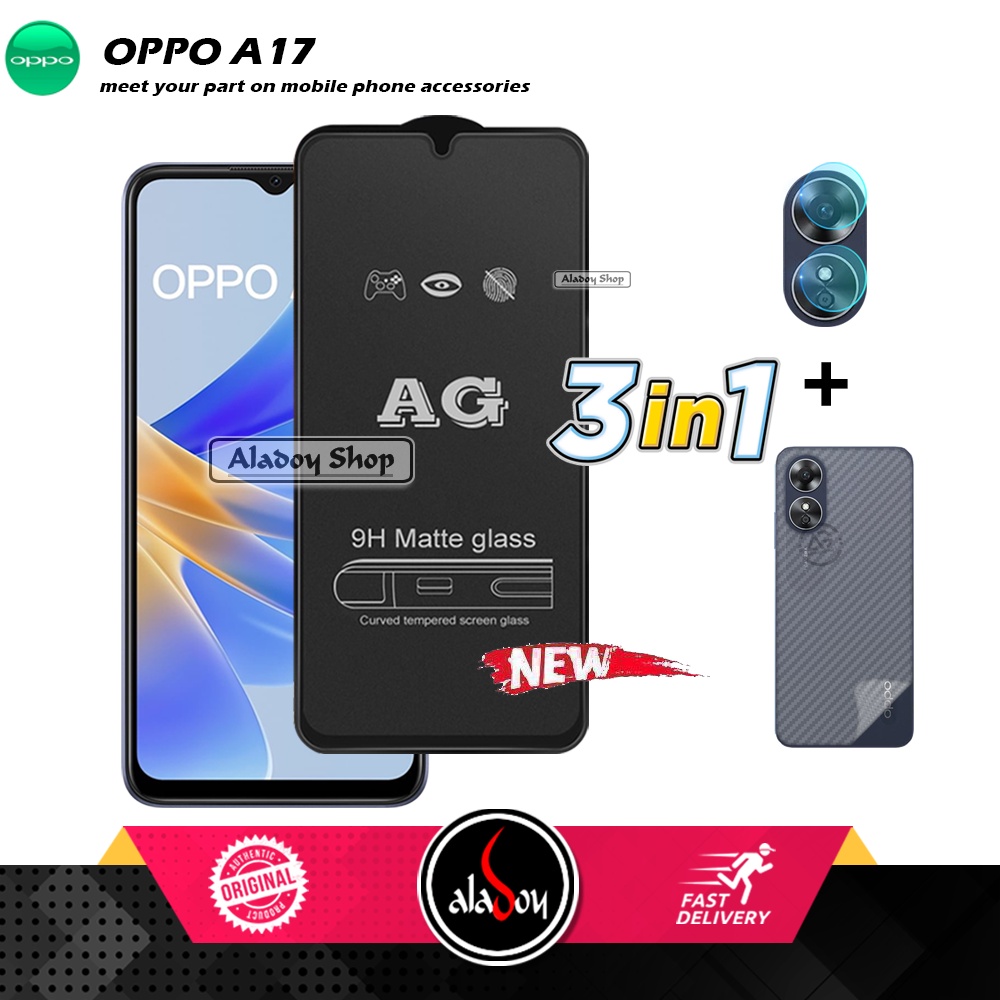 Paket 3IN1 Tempered Glass Layar Matte Anti Glare Oppo A17 Free Tempered Glass Camera dan Skin Carbon