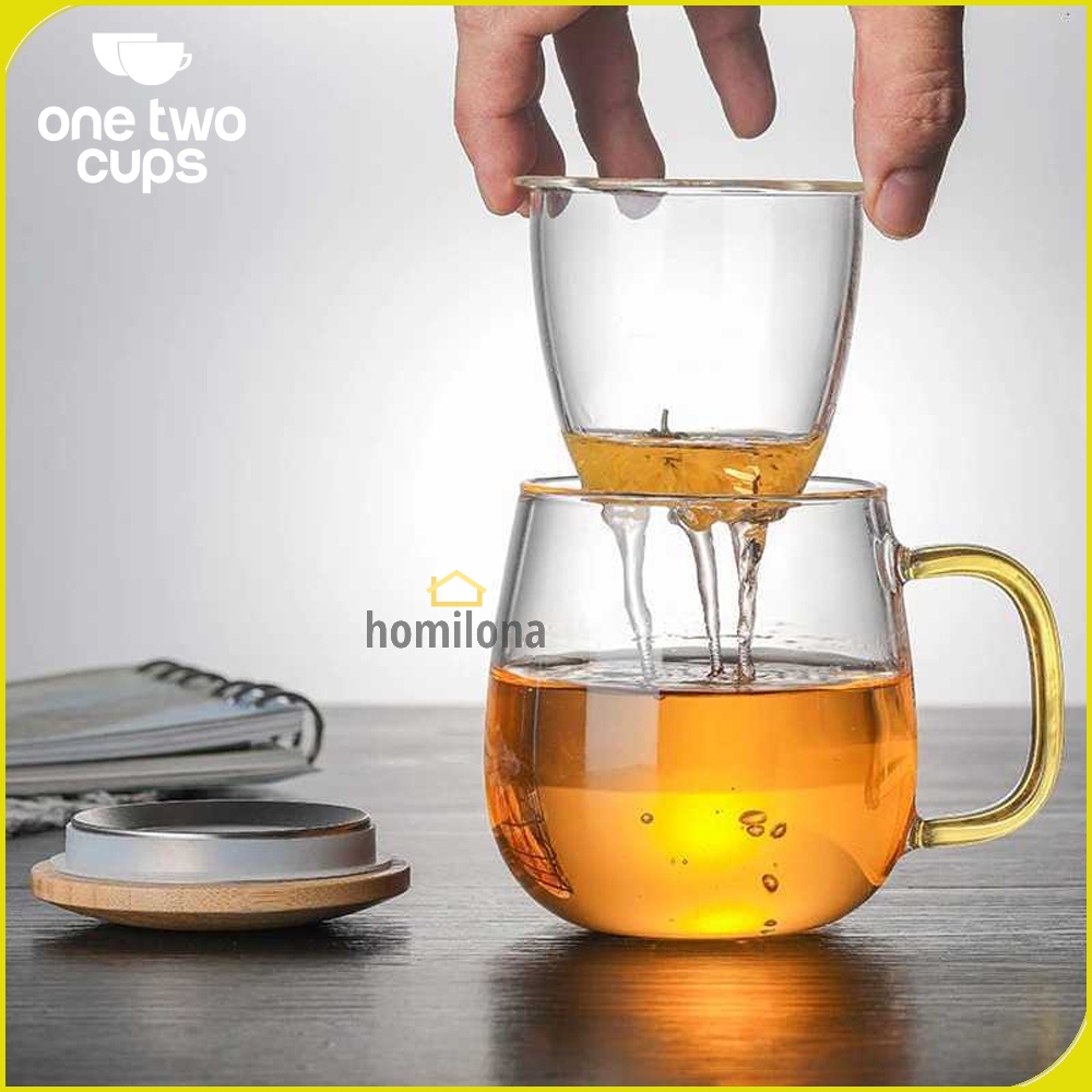 One Two Cups Gelas Cangkir Teh Tea Cup Mug 320ml 420ml with Infuser Filter C225 Transparent