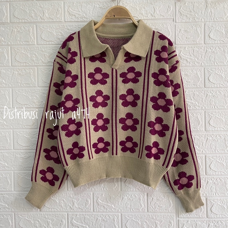 SWEATER RAJUT POLO KERAH AGNES MOTIF BUNGA WANITA