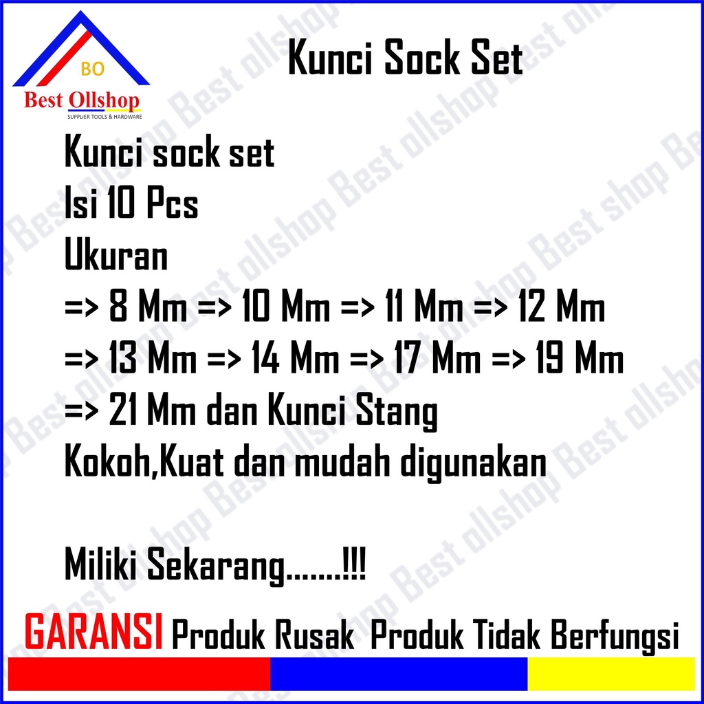 Kunci Shock Sock Hand Socket Sok Set 10 Pcs 8-21 mm / Kunci Set 10 Pcs Sock Shock Sok Murah