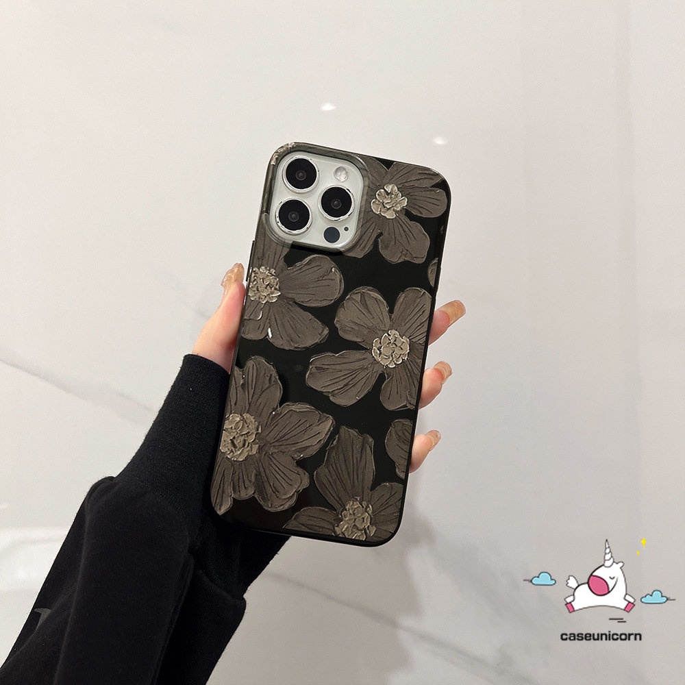 IPHONE Casing Case Ponsel Glossy Kompatibel Untuk Iphone14 13 11 12 Pro Max 7Plus 8Plus XR 78 14 Plus X XS Max SE 2020retro Lukisan Cat Minyak Bunga Halus Lembut Tpu Hitam Penutup Belakang
