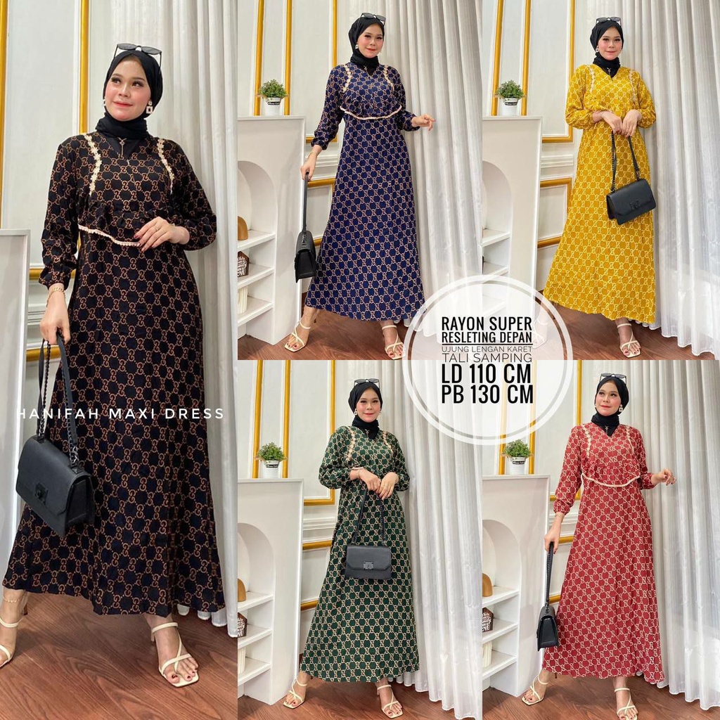 Hanifah Baju Gamis Wanita Muslim Terbaru Dress Rayon Motif Kekinian