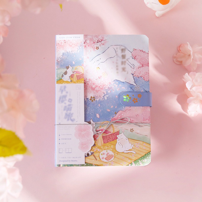 Buku Diary Diary Notee Book Aesthetic gambar kucing ala Japanese dan korea cherry blossom Sakura full color page magnetic buckle book notebook cute office notepad handbook  @banyak