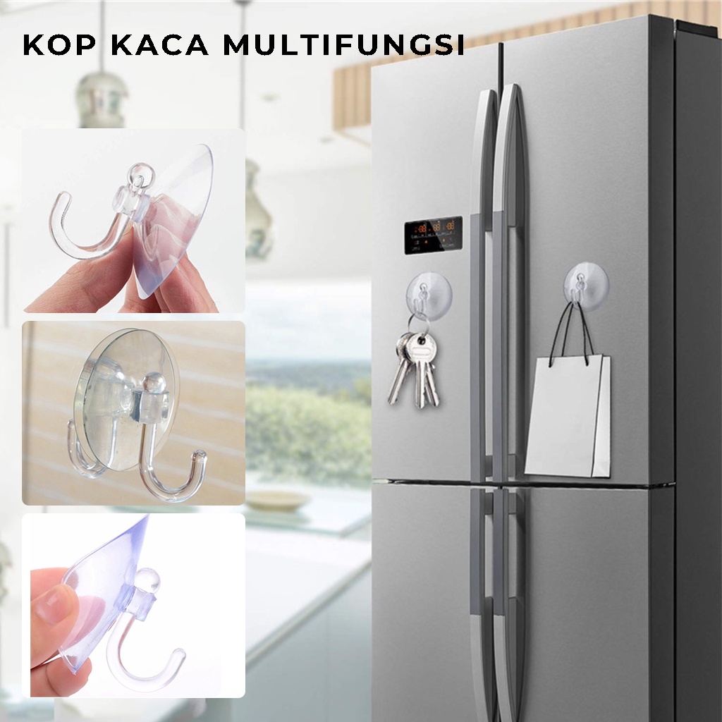 Kop Kaca Transparan Hook Gantungan Suction cup Serbaguna Cantolan Tempat Gantung Kunci Tas Spons Mandi Pakaian Handuk Tempel Cermin lemari kulkas dinding kuat anti slip | GROSIRXPRESS