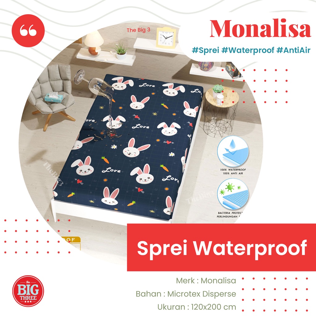 Sprei Waterproof 120x200 MONALISA - anti ompol air water proof Classic Race Cloudy Cute Cute Safari Dino Drive Madras Grey  Paus Rainbow Caramel Rabbit Moonstar Dino Doodle Cars Snow Flamingo Flower - 120 Single SP