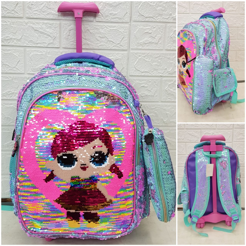 Tas Sekolah Troli Anak SD Motif Sequin Tas Koper Dorong Anak Perempuan Import LOL dan Unicorn SD