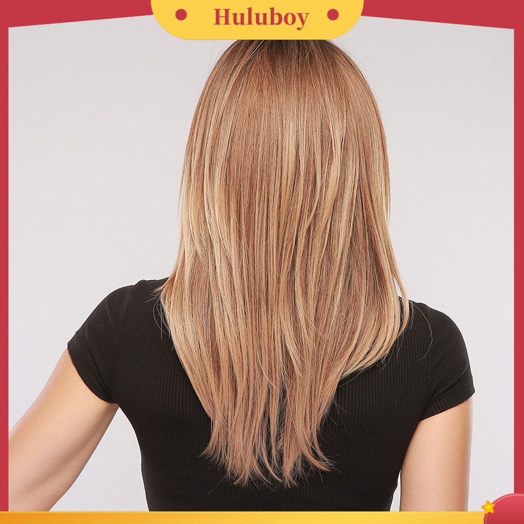 Wig Rambut Sintetis Model Panjang Warna Emas Dengan Poni Untuk Wanita