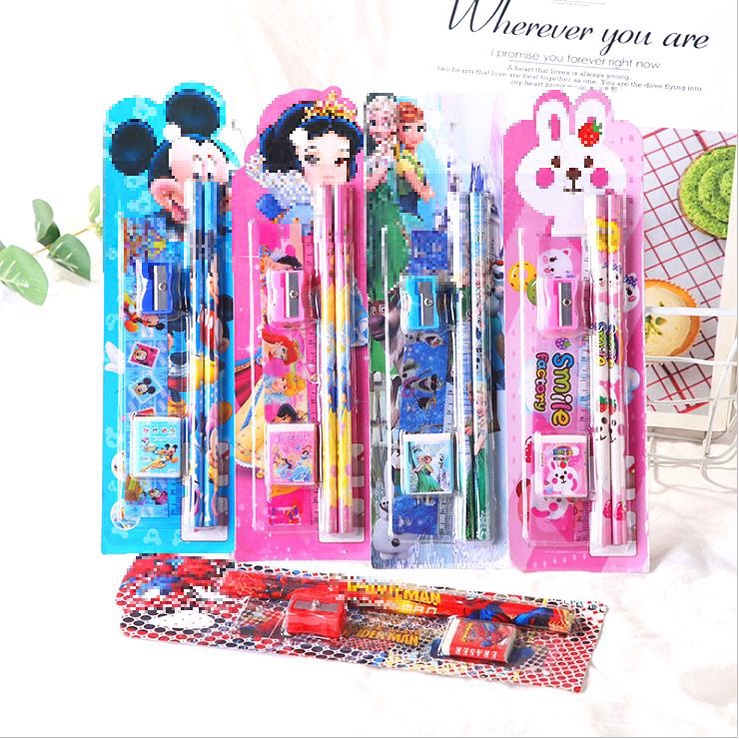 T&amp;Y Stationery Set 5 in 1 Alat Tulis Paket Anak Sekolah Penghapus penggaris Pensil Serutan Karakter Lucu