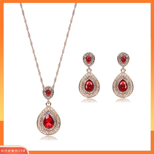 [WONE] Wanita Mewah Berlian Imitasi Oval Pesona Kalung+Drop Menjuntai Anting Set Perhiasan