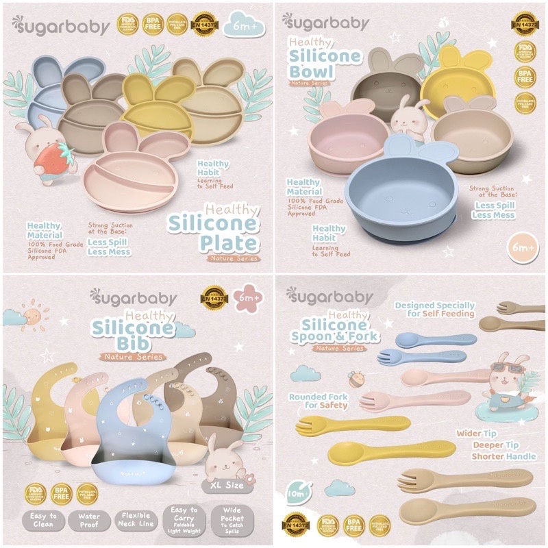 SUGARBABY SUGAR BABY MANGKOK HEALTHY SILICONE BOWL / SILICONE BIB / SILICONE PLATE /  SILICONE SPOON &amp; FORK NATURE SERIES PERALATAN MAKAN ANAK BAYI