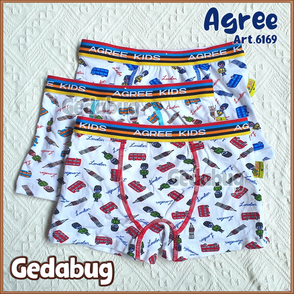 3 Pcs - CD Boxer Anak Agree 6169 Print Putih | Celana dalam anak cowo | Karet Boxer Salur | Gedabug