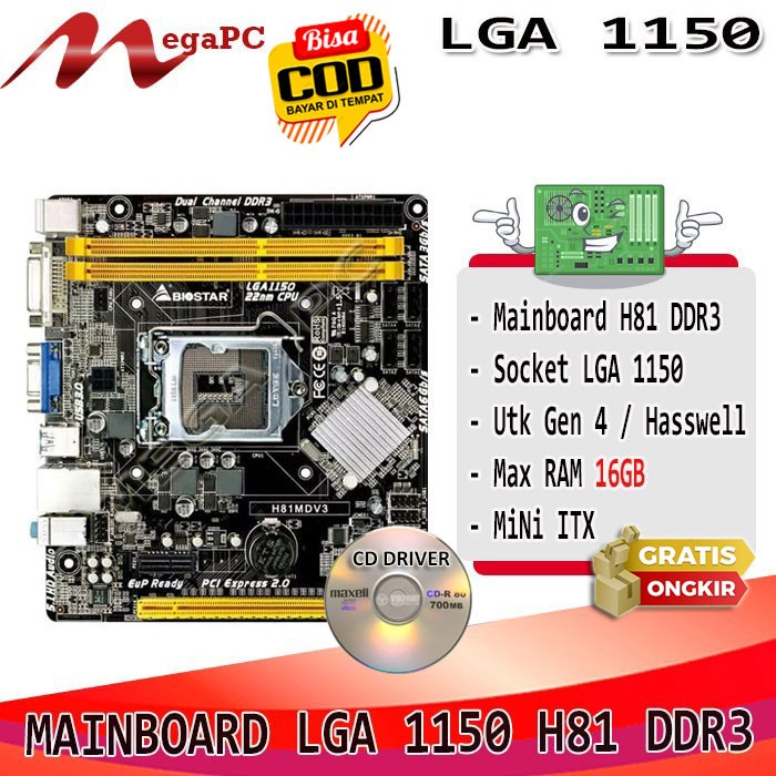 Paket Rakitan Mobo Intel LGA 1150 H81 + Core i3 4130 + Fan + RAM + SSD 512GB + Windows