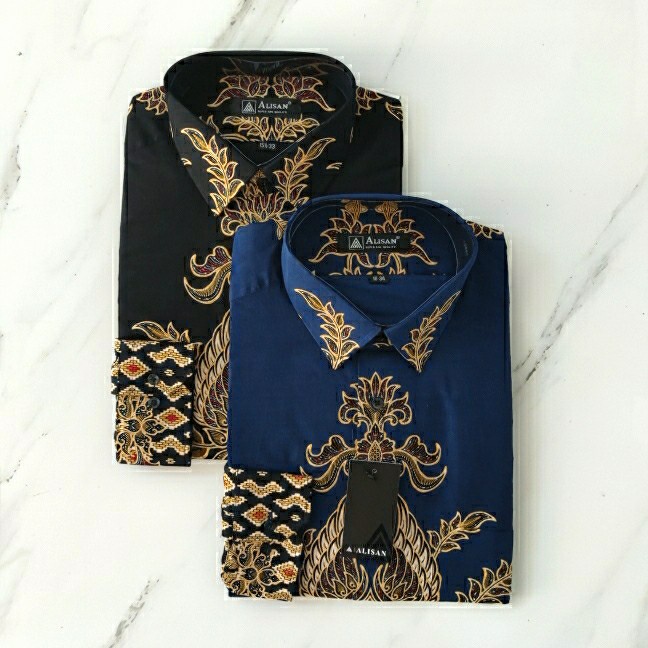 GStore14 Alisan Kemeja Batik Panjang Reguler Garuda Daun Kotak Hitam / Biru PROMO 3947