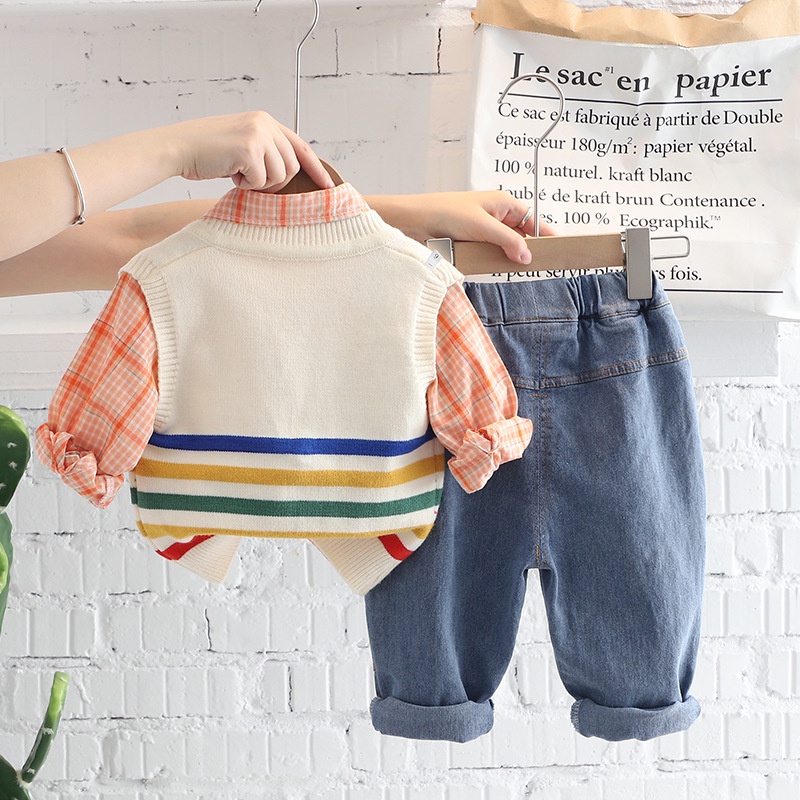 Setelan Anak Laki Laki PATRICK Baju Fashion Kemeja Cardigan Celana Jeans Set 3in1 Korean Style Import