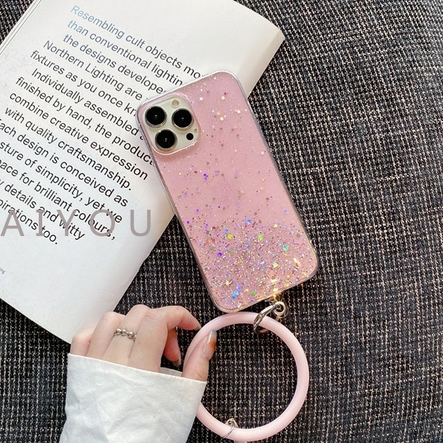 IPHONE Rantai Liontin Gantung Telepon Tali Pergelangan Tangan Ring Holder Case Untuk Iphone14 13 Pro Max11 12 Mini XS XR X6 7 8 Plus SE Bening Glitter Cover