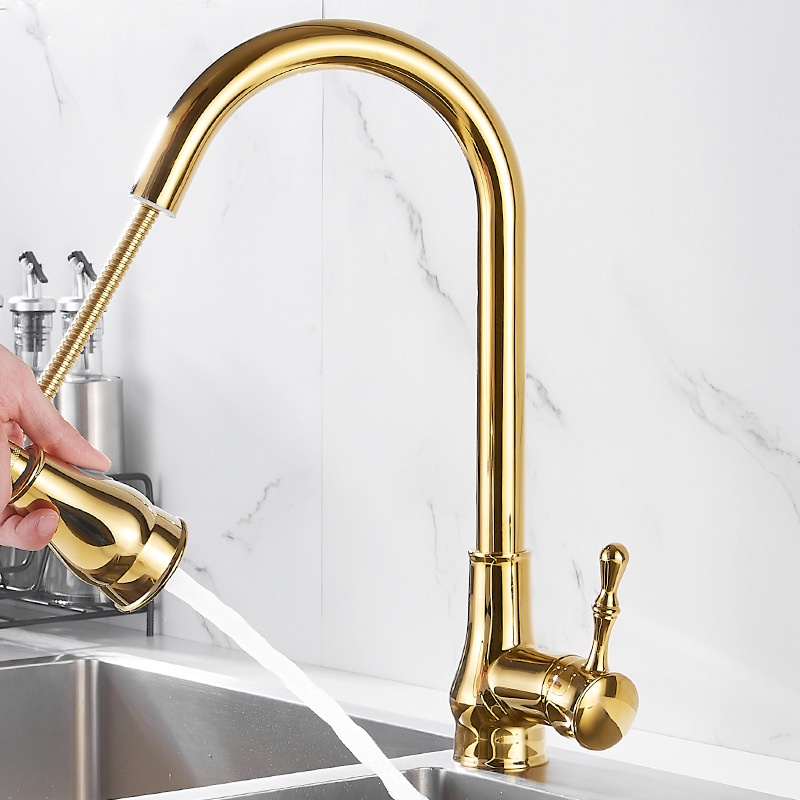 Kran Sink Mixer Tarik Bahan Kuningan Kran Cuci Piring Gold Keran Mixer Air Panas Dingin Yang Dapat Diputar Satu Pegangan Kontrol