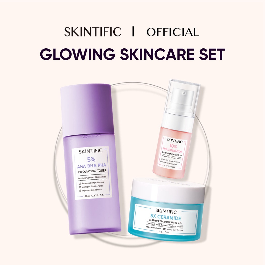 SKINTIFIC - 3PCS Paket Skincare Glowing Set with 5X Ceramide Barrier
Repair Moisturizer Gel + Niacinamide Brightening Serum + 5% Aha Bha Pha
Exfoliating Toner
