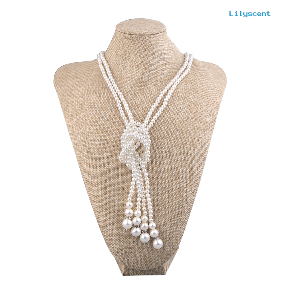 [LS]2Pcs /Set Panjang Mutiara Imitasi Double Layers Knotted Rantai Wanita Kalung