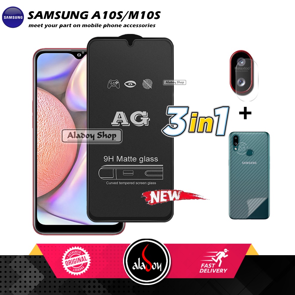 Paket 3IN1 Tempered Glass Layar Matte Anti Glare Samsung A10S/M10S  Free Tempered Glass Camera dan Skin Carbon