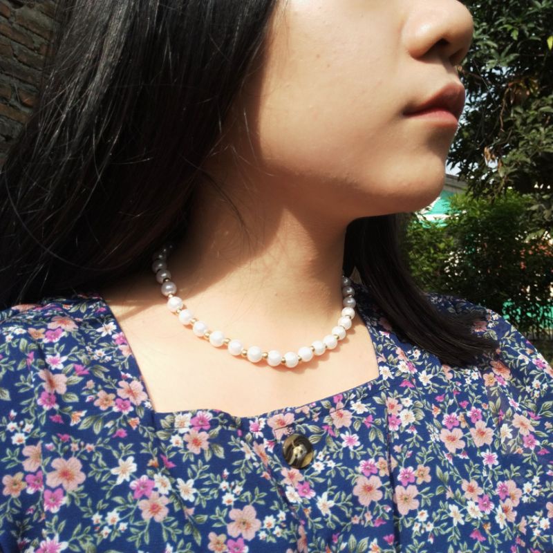 Kalung mutiara pearl necklace choker - putih bersih 8mm manik gold