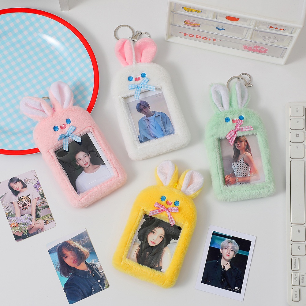 Kelinci Lucu Plush Card Holder Dengan Gantungan Kunci Kartun Kredit ID Card Holder Idol Photocard Pelindung Case Card Bag Stationery