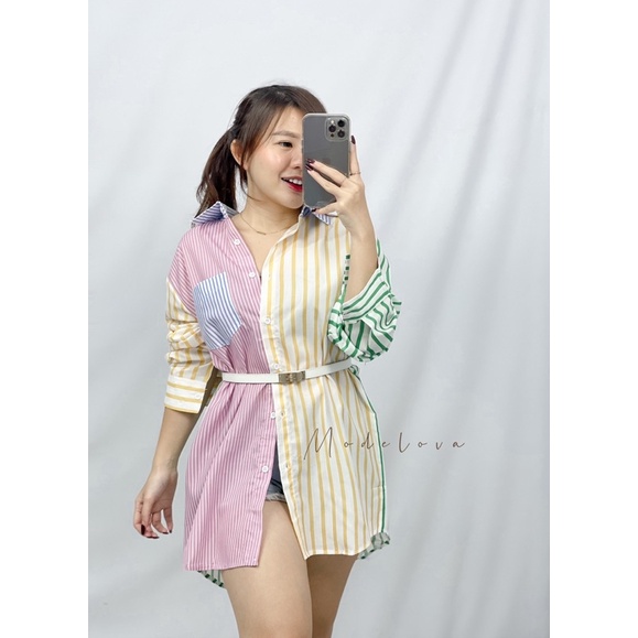 MDLV ~ 2470# Annora Patchwork Striped Shirt Kemeja Salur Import