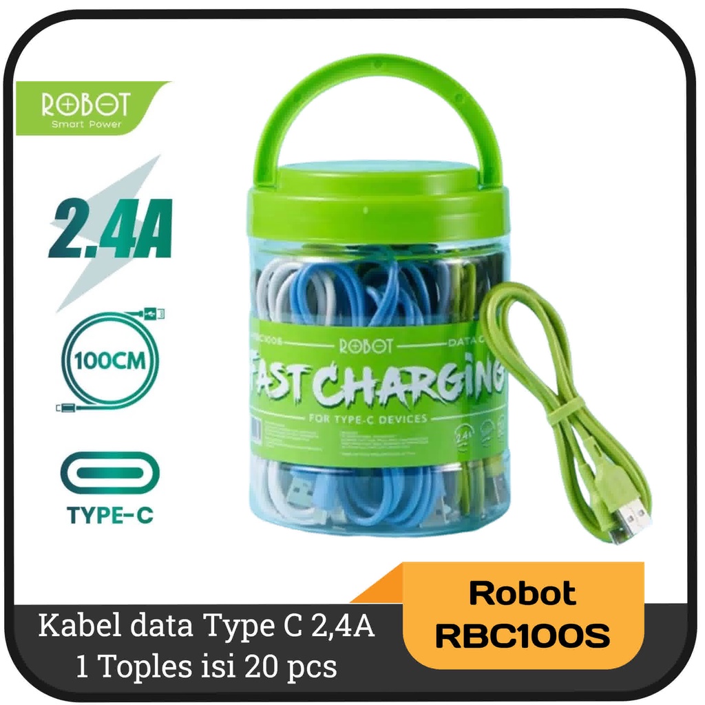 Kabel Data Type C Robot RBC100S 2,4A 1 Toples isi 20 pcs