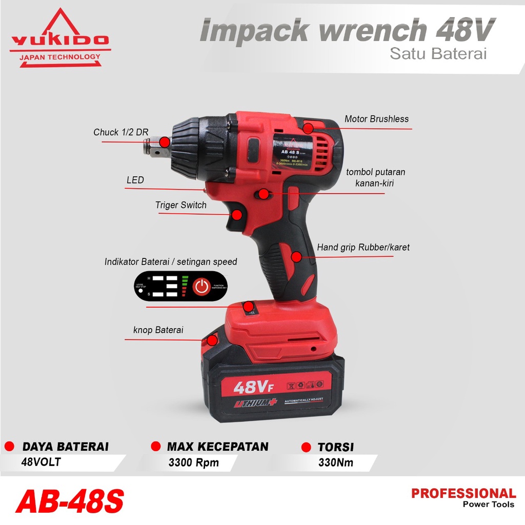 YUKIDO CORDLESS IMPACT WRENCH BRUSHLESS 330N.M IMPACT BATERAI 48V UNTUK BAUT - Merah