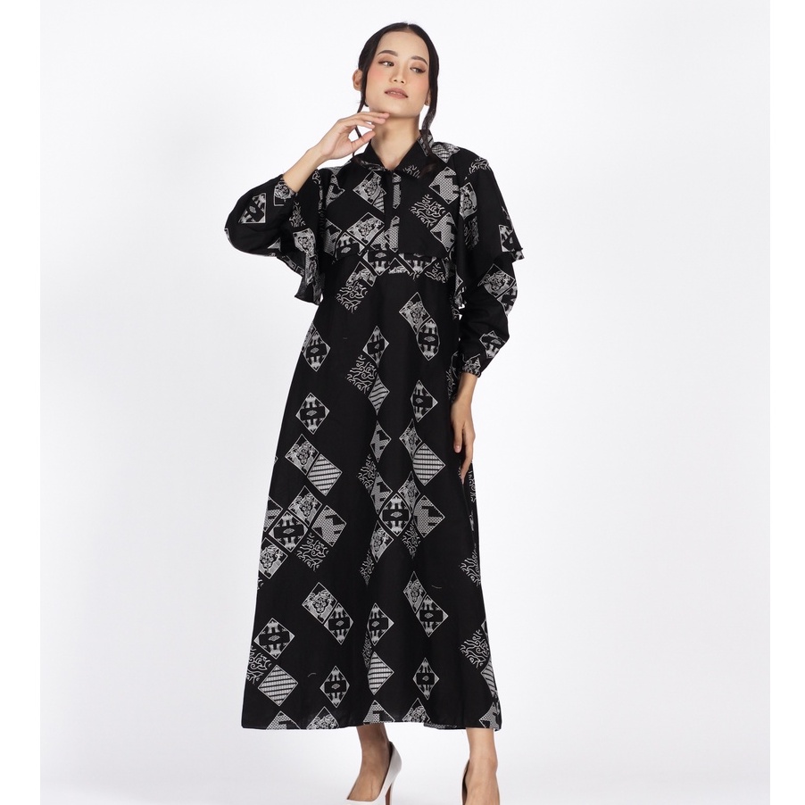 BATIK TRUSMI Dress Batik Wanita Gamis Batik Mega Mendung Kombinasi Model Cape