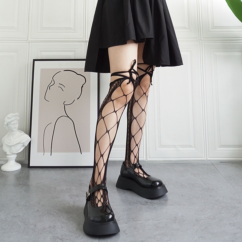 Kaos kaki Wanita transparan Sexy Tali jaring JK Setinggi Lutut kaus kaki 3D55