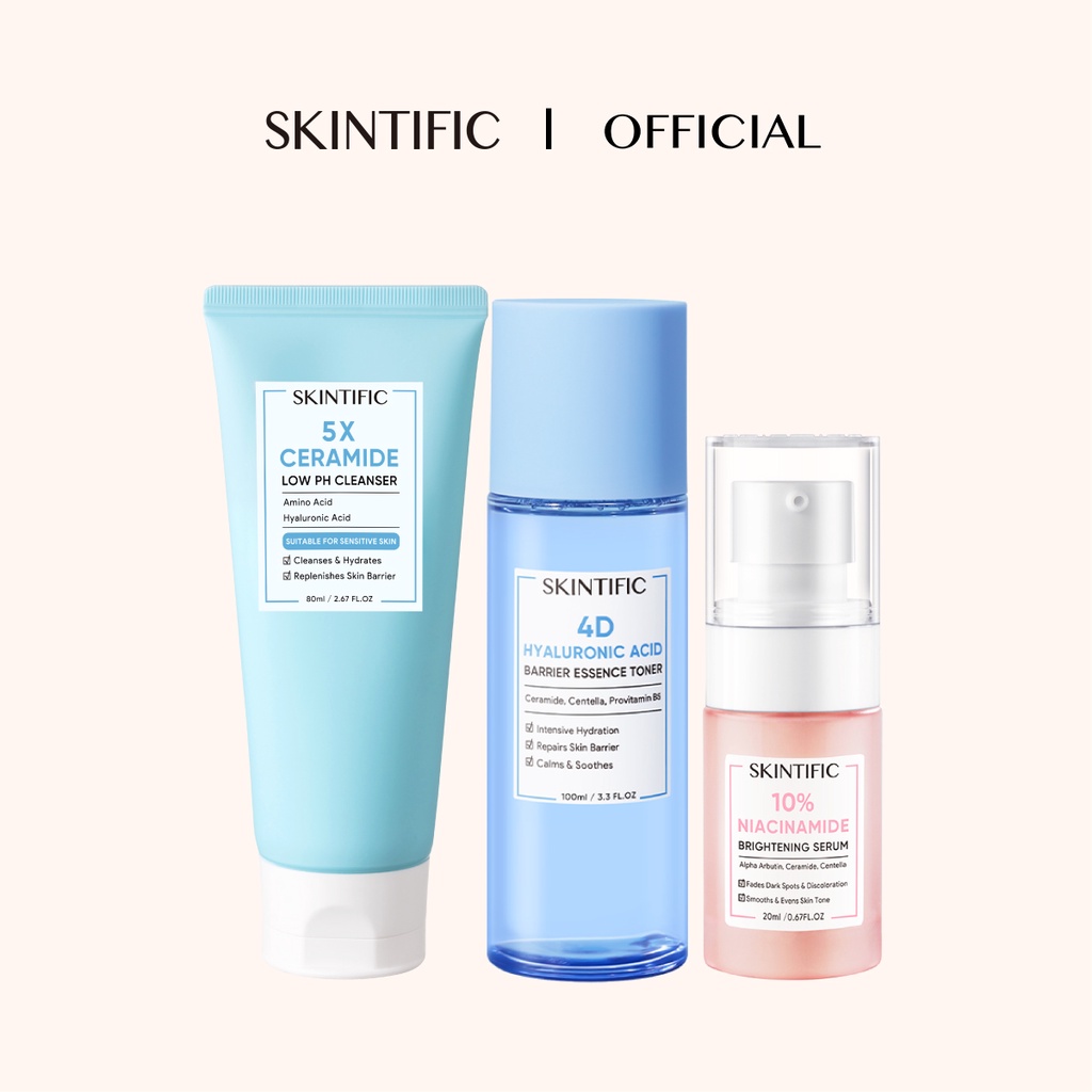 SKINTIFIC - 5X Ceramide Low Ph Cleanser Gentle Cleanser For Sensitive Skin 80Ml  & 4D Hyaluronic Acid (HA) Barrier Essence Toner Defeat Dryness In10S 100Ml & 10% Niacinamide Brightening Serum 20Ml 【BPOM】